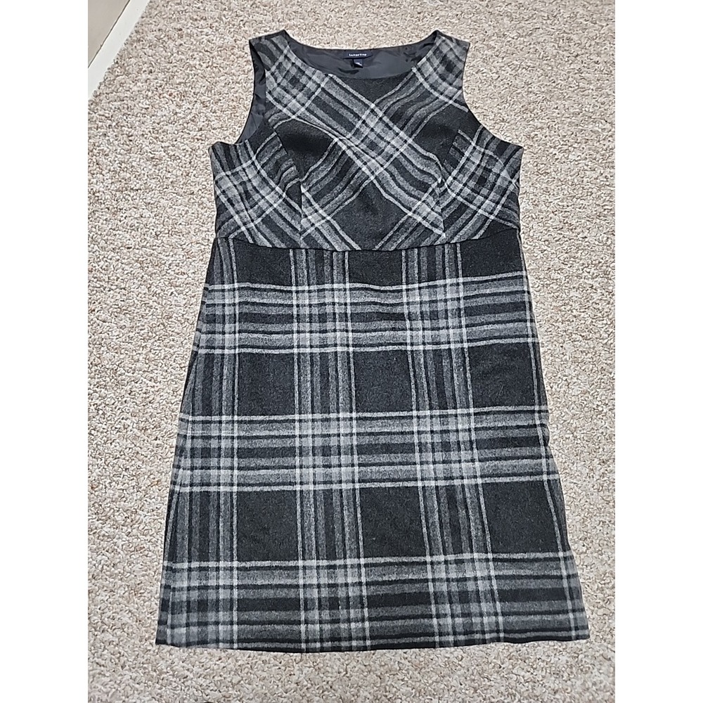 Lands End Wool Blend Sleeveless Straight Jumper Plaid Black Gray Dress 14 Pocket